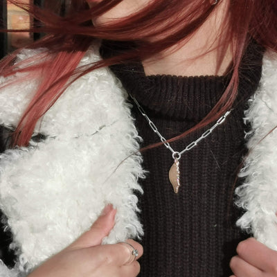 Handmade Rose Gold Chunky Angel wing on a recycled silver trace chain necklace from SilverBoo Jewellery in Lincolnshire 